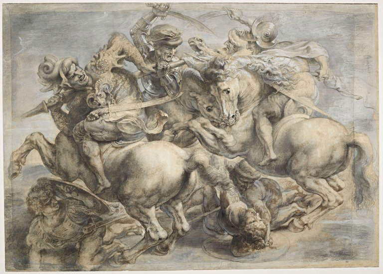 Anonimo del XVI secolo e Pieter Paul Rubens, Copia della Battaglia di Anghiari di Leonardo da Vinci (XVI secolo con ritocchi successivi di Rubens; matita nera, penna e inchiostro bruno e grigio, matita grigia e pigmenti bianchi e grigio-blu su carta, in origine 428 x 577 mm poi ingrandito a 453 x 636 mm; Parigi, Louvre, Département des arts graphiques)

