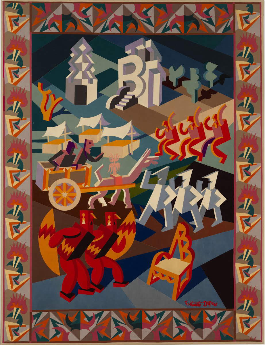 Fortunato Depero, Festa della sedia (1927; tarsia in panni, 259,5 x 340 cm; Rovereto, Mart - Museo d'Arte Moderna e Contemporanea)
